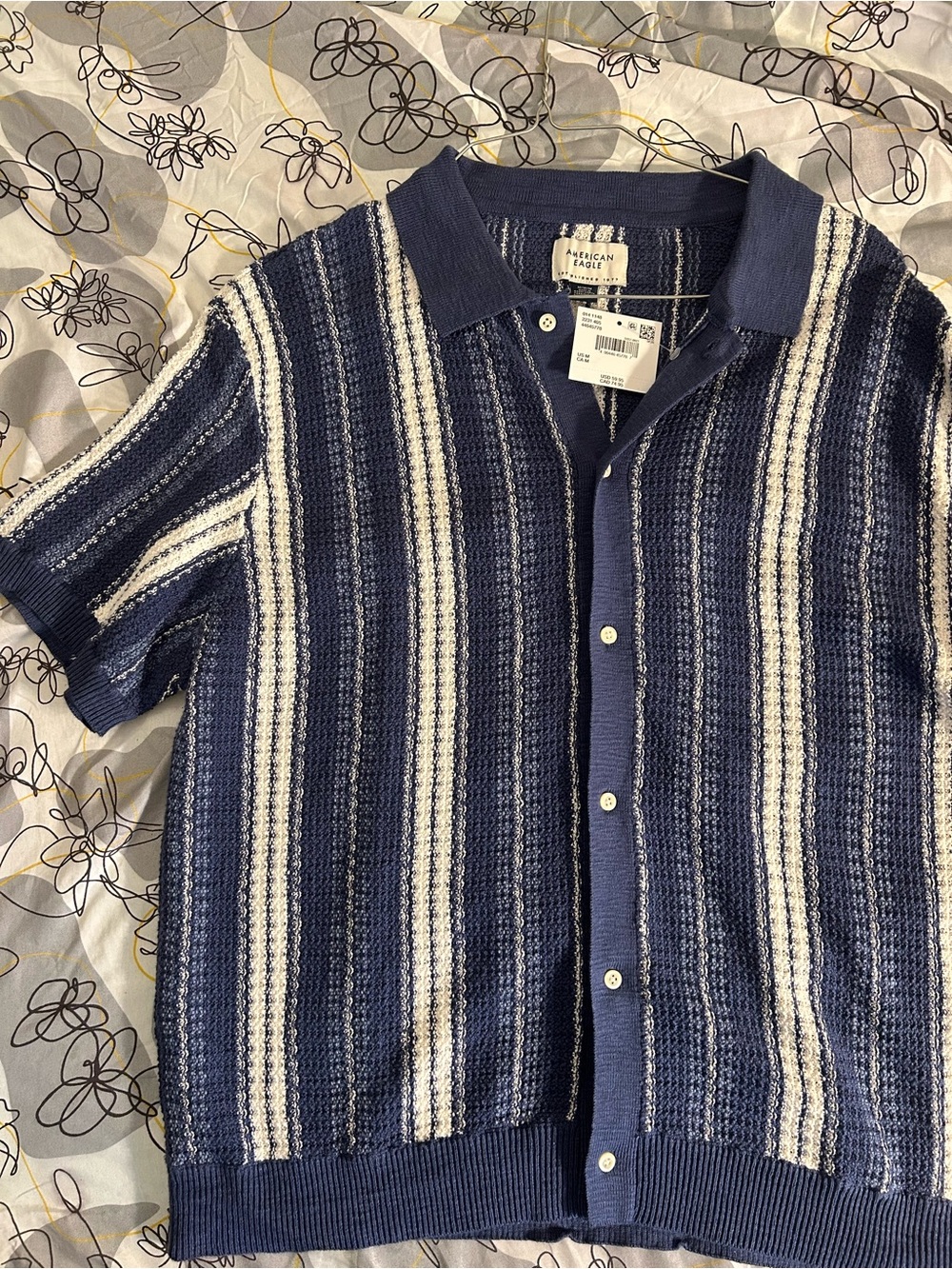 American Eagle Outfitters Navy and White Vertical Stripe Knit Button-Front Shirt